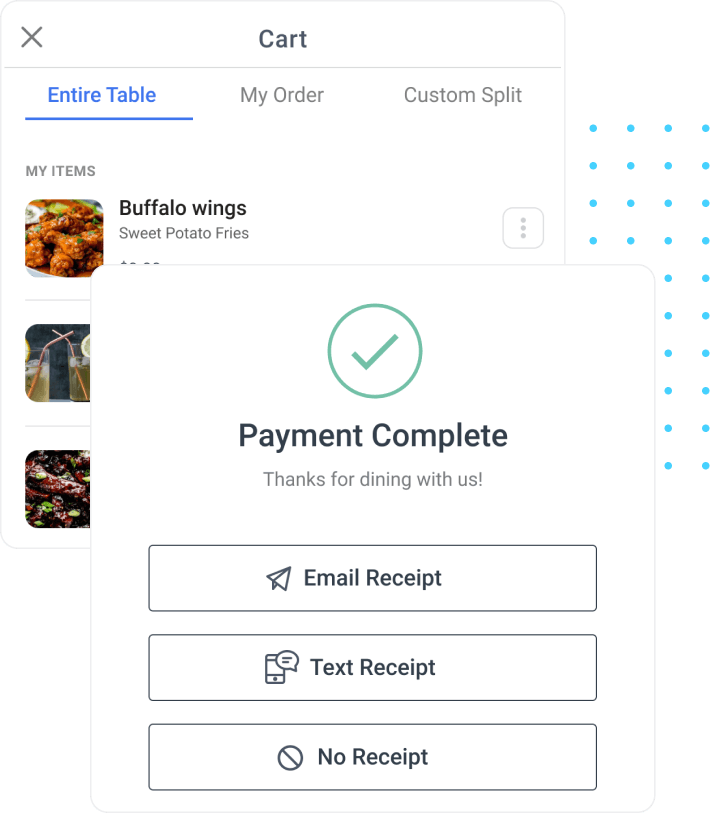 An example of what the payment screen would look like and an example of how and order would appear on a guest's phone.