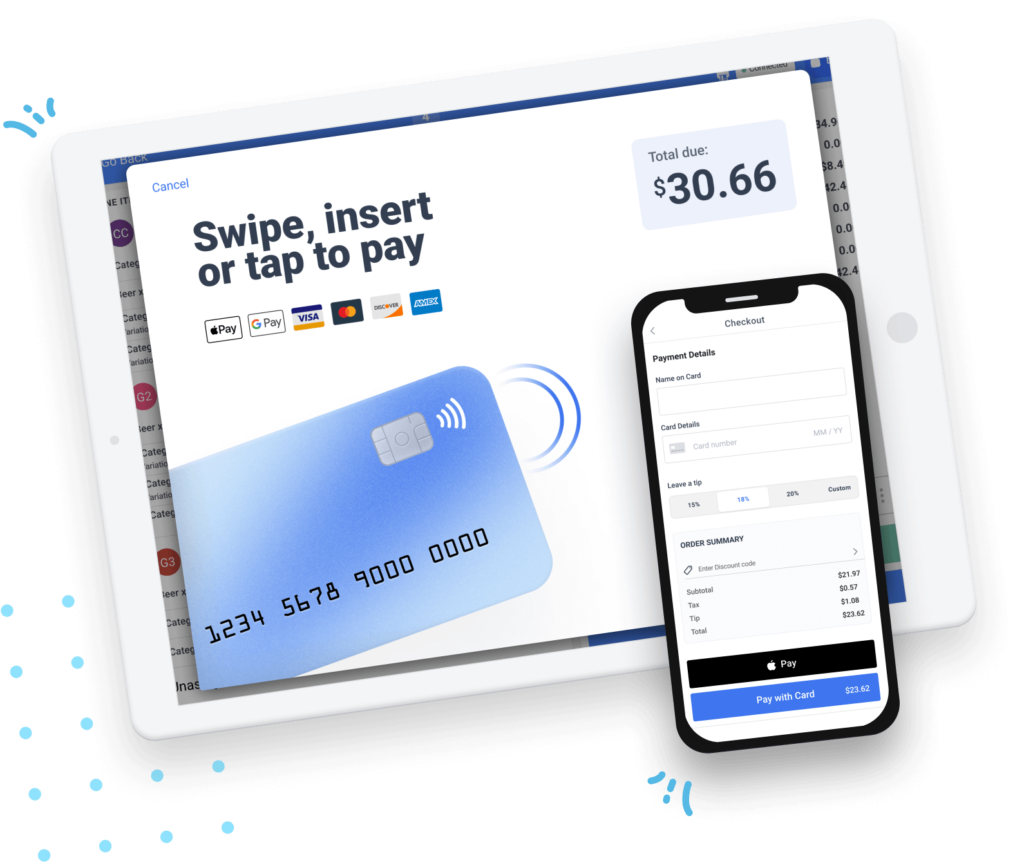 Payment screens shown on tablet and phone. 