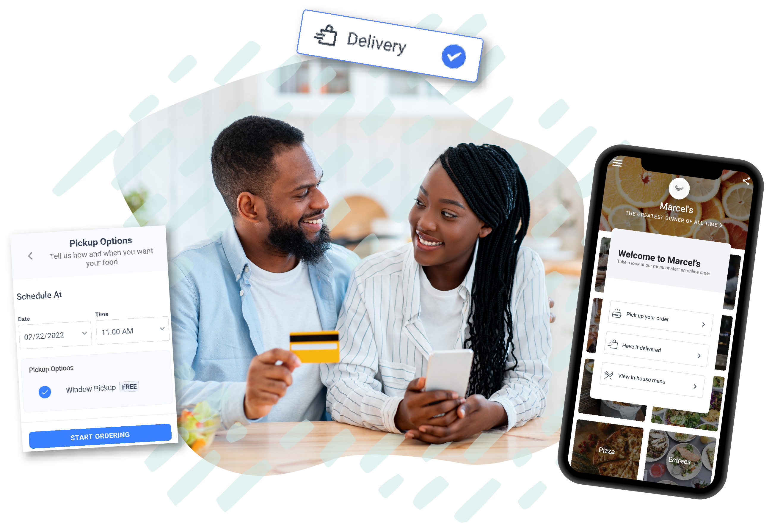 Image of a young African American couple holding a credit card and one holding a phone. They are ordering food online. There is an image of a cellphone showing what someone would expect to see when ordering food online. 