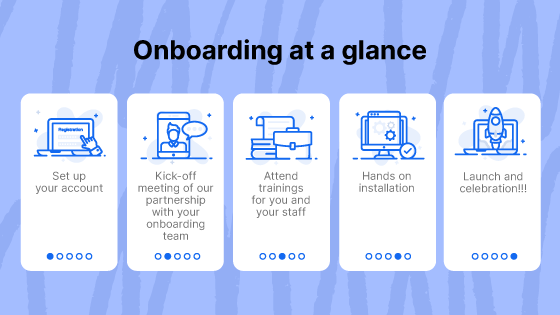 Onboarding at a glance: Set up your accountKick-off meeting of our partnership with your onboarding teamAttend trainings for you and your staffHands on installationLaunch and celebration!!!