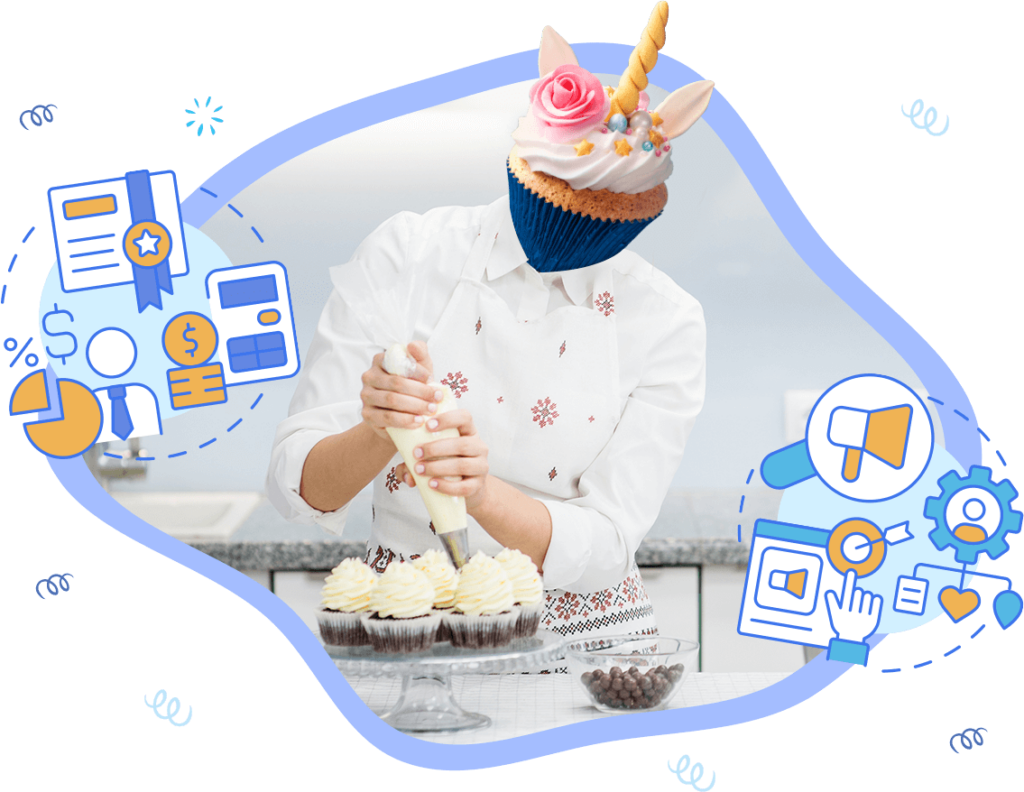 Table Needs makes managing your restaurant a cinch so you can focus on your flavors. Woman with cupcake head making cupcakes