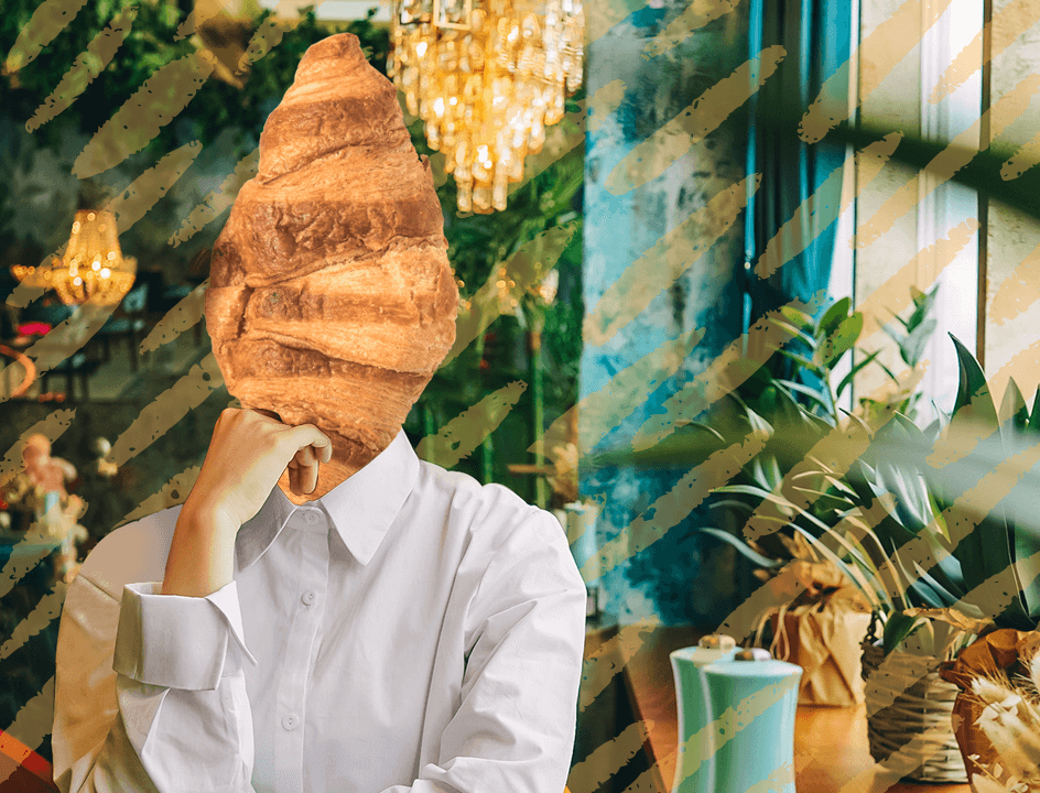 In this image, we see a woman with a croissant head who appears to be deep in thought. She is surrounded by a lush array of green plants, which emphasize the importance of environmental sustainability. Overall, the image promotes a message of environmental consciousness and highlights the ways in which this restaurant is working to reduce waste and promote sustainable practices.