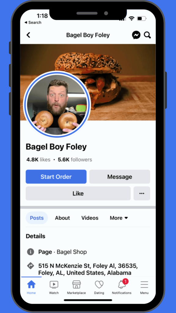 Bagel Boy's Facebook page showcasing effective social media marketing for restaurants in Foley and Gulf Shores, AL
