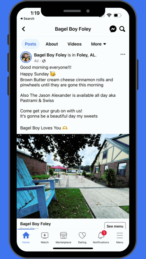 Bagel Boy's Foley location courtyard, showcasing effective social media marketing for restaurants