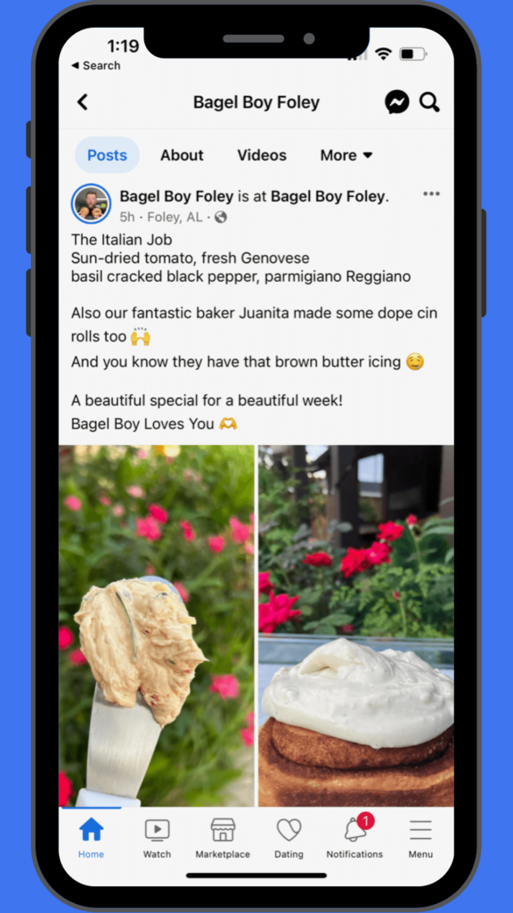 Bagel Boy's enticing Facebook post: The Italian Job bagel and delightful cinnamon rolls, showcasing social media marketing for restaurants