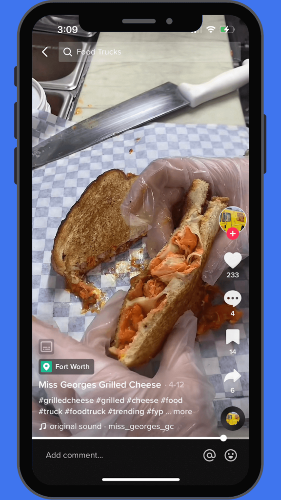 TikTok video: Miss George's Grilled Cheese presents a mouthwatering buffalo chicken grilled cheese sandwich, showcasing effective social media marketing for restaurants