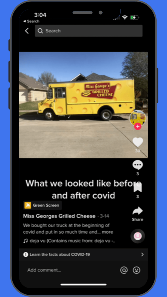 Miss George's Grilled Cheese TikTok video: Transformation before and after COVID, highlighting effective social media marketing for restaurants