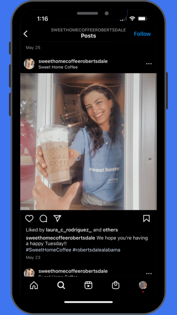 Efficient social media marketing for restaurants: Sweet Home Coffee's barista serving iced coffee through the drive-through