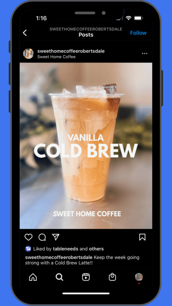 Advertisement of Sweet Home Coffee's Vanilla Cold Brew Latte, a tempting choice for social media marketing in the restaurant industry