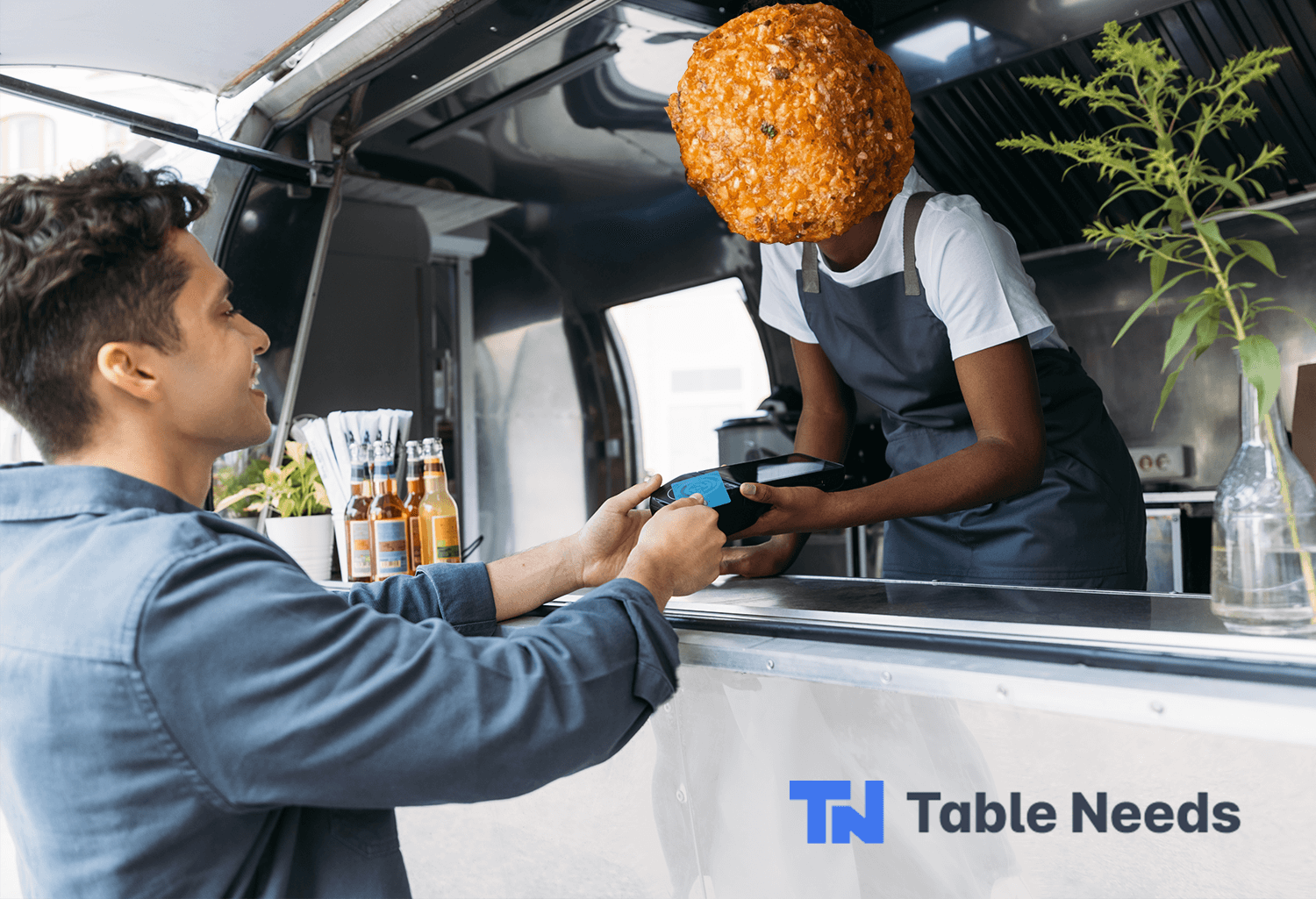 Female food truck operator with a falafel head offering a customer-facing POS card reader to guests.