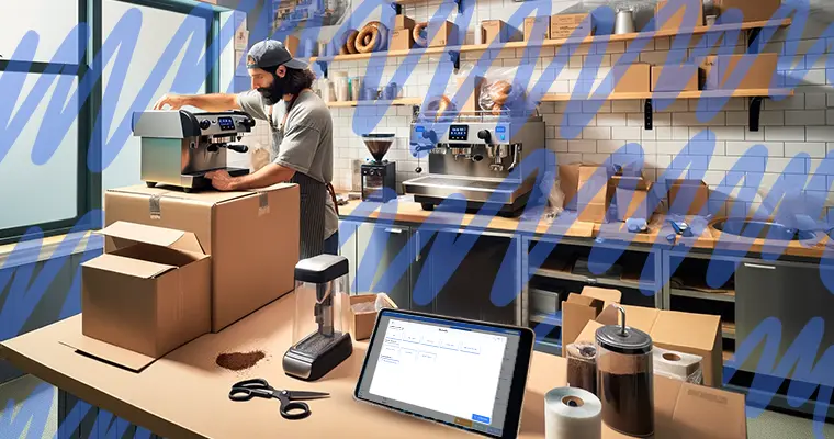 An owner of a bagel shop is seen adding a new coffee program to his business, assisted by 'Table Needs Capital' financing, as indicated by an open tablet displaying the service's application form. The shop displays a variety of bagels in the background with a new coffee machine and packaging materials on the counter, suggesting expansion and growth.
