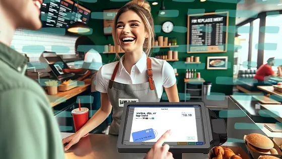 The image depicts a cheerful female cashier wearing a grey apron and a white t-shirt, standing at a restaurant's point of sale (POS) system. She is interacting with a customer who is out of frame, evident by her gaze and smile directed towards someone in front of her. The POS system features a touchscreen display showing a graphical user interface with a chart and payment options, indicating a transaction in progress. In the background, the interior of the restaurant is visible with a menu board, and the atmosphere appears casual and modern.