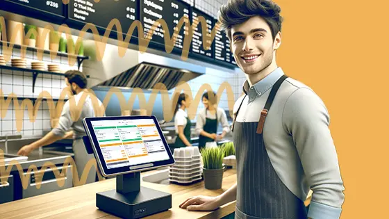 A young male cashier with dark hair and a grey apron smiles at the camera in front of a kitchen display system. The system shows a detailed order screen. The background features a modern cafe setting with menu boards and employees preparing orders.