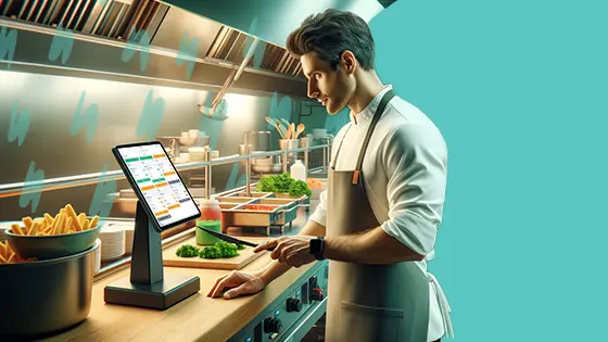 A male chef in a grey apron is chopping herbs on a cutting board in a commercial kitchen. Next to him, a kitchen display system on a stand shows active orders. The environment suggests a bustling food prep area with various ingredients and kitchenware.