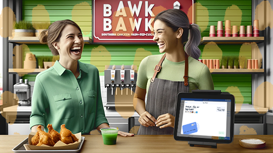Two female employees, one in a green shirt and the other in a brown apron, share a joyful moment at a restaurant counter. They stand beside a point of sale (POS) system with a digital interface showing a transaction screen is prominently positioned on the counter. On the counter, there is a tray with fried chicken pieces and a cup of green drink, set against the background of a cozy, well-lit establishment with 'BAWK BAWK' written on the wall.