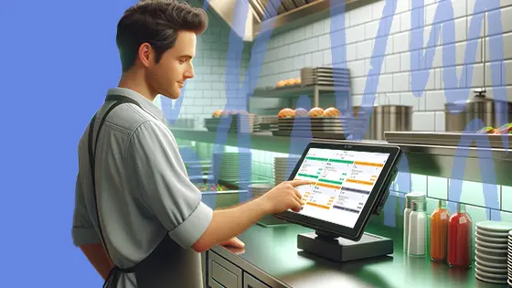 A focused male worker in a grey shirt and apron is interacting with a kitchen display system in a bright kitchen setting. The display shows an organized interface for tracking food orders. Visible in the background are kitchen shelves filled with supplies.