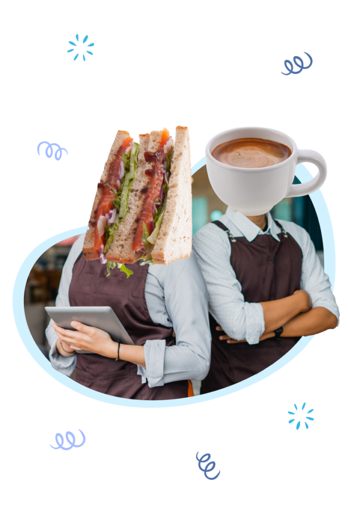 A creative visual with a person's head replaced by a well-stacked BLT sandwich, standing next to a large cup of hot coffee, both representing the food industry. The person, wearing a brown apron over a light blue shirt, is confidently crossing their arms, while another individual in a matching apron is holding a tablet, symbolizing business planning and management. The image is surrounded by playful graphic elements that suggest an informative and approachable atmosphere. This composition is meant to underscore the importance of a restaurant budget tool for planning and tracking profitability, capturing key financial metrics, and guiding owners towards a more profitable future, as elaborated in a blog post about 'Contribution Margin'.