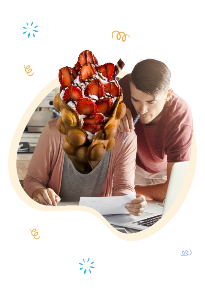 An image featuring a woman and a man working together on financial documents, with the woman's head whimsically replaced by an overflowing bowl of bubble waffles adorned with strawberries and cream, symbolizing the restaurant business. The man is intently reviewing a paper, while holding a pen in his mouth, and the woman is writing notes, signifying their focus on budgeting. Graphic elements like abstract symbols and swirls float around them, suggesting a creative yet structured approach to financial planning. This visual metaphor emphasizes the benefits of a weekly restaurant budget method for improved financial stability, with balanced financial projections, alerts for over budgeting, and reminders for savings goals, as detailed in a blog post on creating a restaurant profit and loss statement.