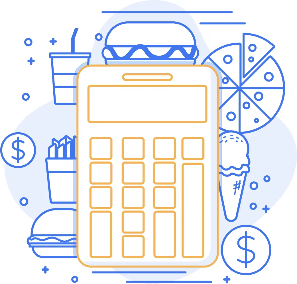The image is a visual representation of a menu pricing calculator, aimed at assisting restaurant or food truck owners in determining accurate prices for their dishes. The illustration features a central calculator, flanked by icons of popular food items such as a burger, pizza, fries, a soft drink, and ice cream, along with symbols of currency. These elements underscore the calculator's purpose: to streamline the pricing process by factoring in the costs associated with each menu item. The calculator is presented as a solution to remove uncertainty and instill confidence in the pricing strategy for a food service business.