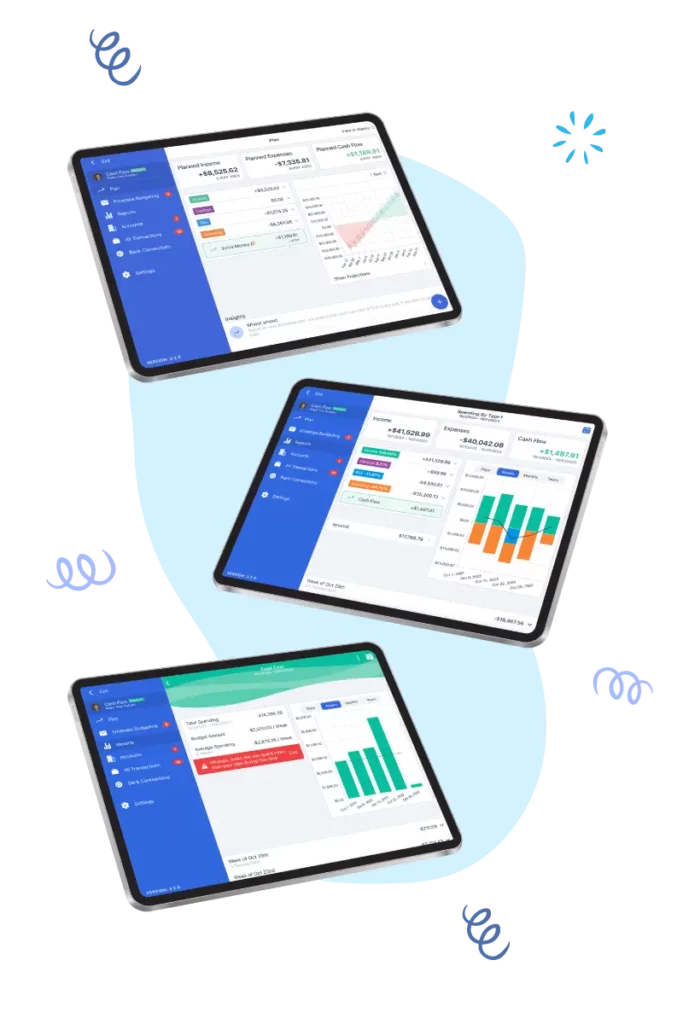 Three digital tablets floating against a blue background with abstract design elements. Each tablet displays a colorful financial dashboard interface with various graphs and charts. The interfaces are designed to monitor and analyze a restaurant's budget and cash flow, featuring sections for planned income, shared expenses, cash flow summaries, and weekly spending trends. The dashboards show a mix of bar and line graphs in different colors representing various financial metrics. 
